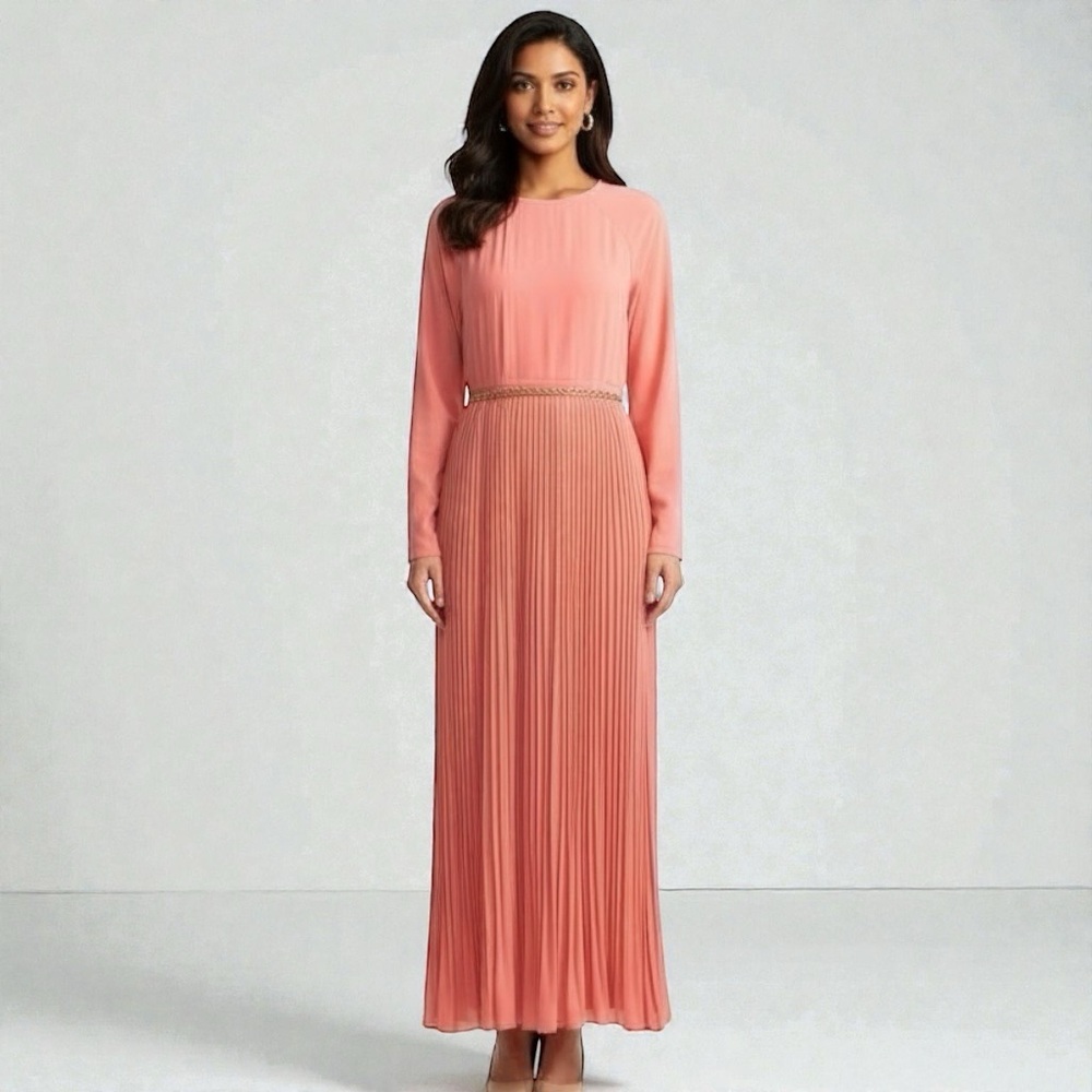 Coral Pleated Maxi Dress Long Sleeve Formal Modest Wedding Guest NWOT